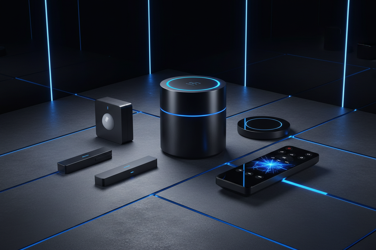 Smart Home Accessories collection - hub, sensors, remote and smart devices with blue accent lighting