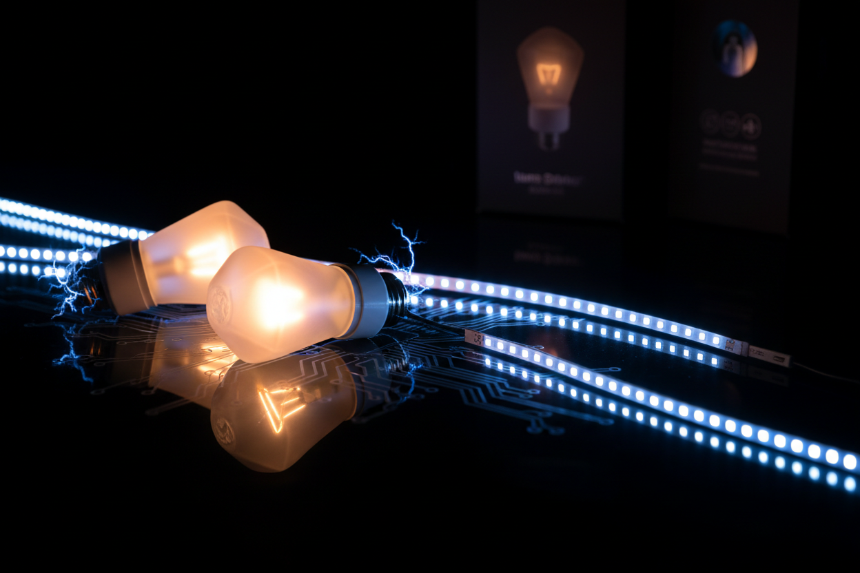 Smart Lighting collection - LED strips and glowing bulbs with electric accents