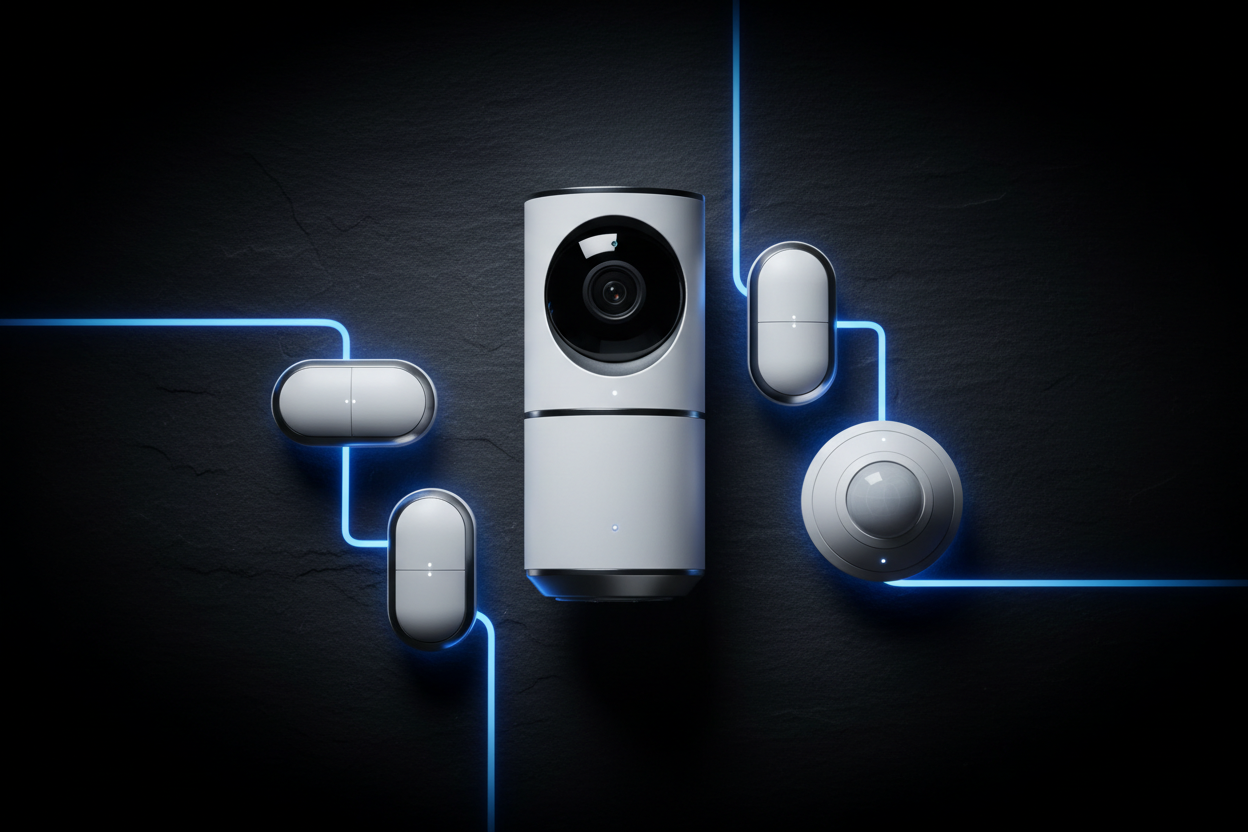 Smart Security and Cameras collection - security camera with sensors and blue circuit accents
