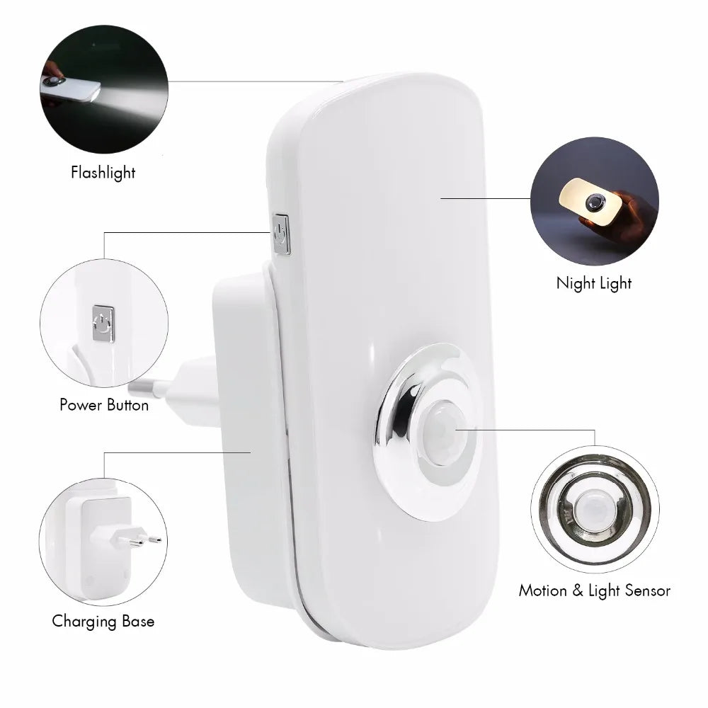 Sensky 3 In 1 EU US PLug in Smart LED Night Light With Motion Sensor Rechargeable Flashlight For Kid Baby Room Emergency