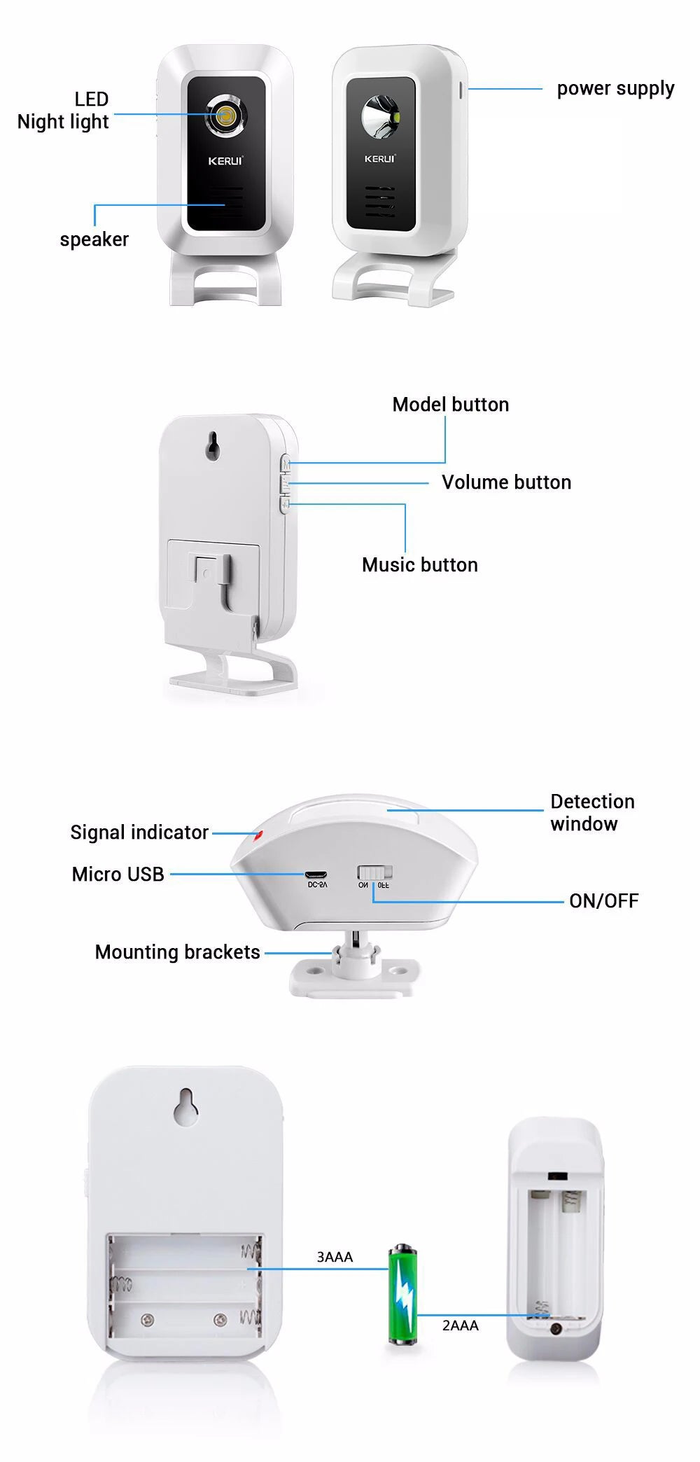 KERUI M7 Wireless Welcome Motion Sensor Security Alarm 32 Songs DoorBell Chime Smart Home LED Night Light Door Window Store Shop