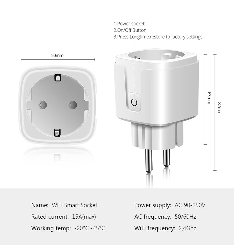 Tuya Smart Life WIFI LED Light Switch Voice Control APP Socket 15A EU Power Plug Wireless Wall Outlet For Alexa Echo Google Home