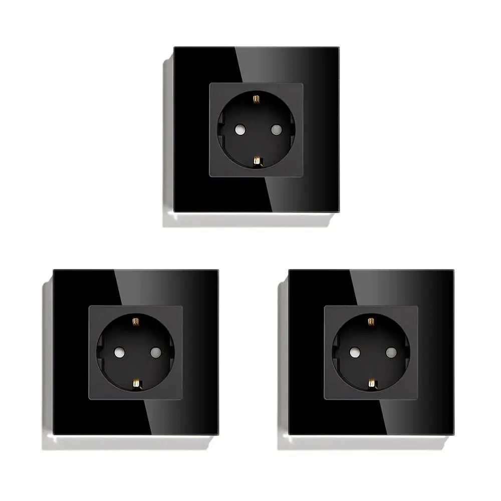 BSEED EU Standard Single Wall Socket Double Power Plugs With White Black Crystal Glass Panel Triple Outlets 16A 110V-250V