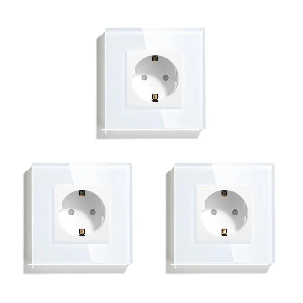 BSEED EU Standard Single Wall Socket Double Power Plugs With White Black Crystal Glass Panel Triple Outlets 16A 110V-250V