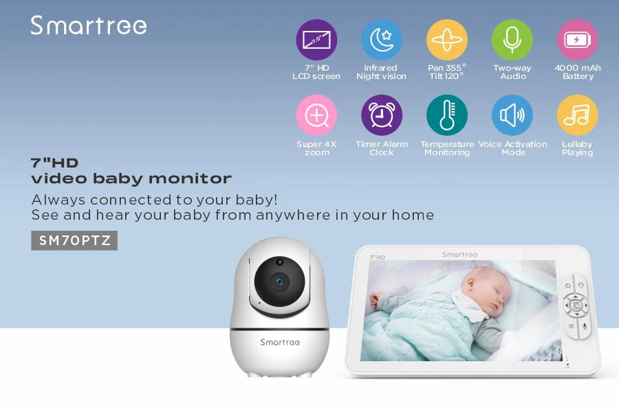 SM70 7" Video Baby Monitor, 1080P HD Display, IPS , 24Hour Battery Life, 1000ft Range, Split mode,1080p big screen with 4x zoom
