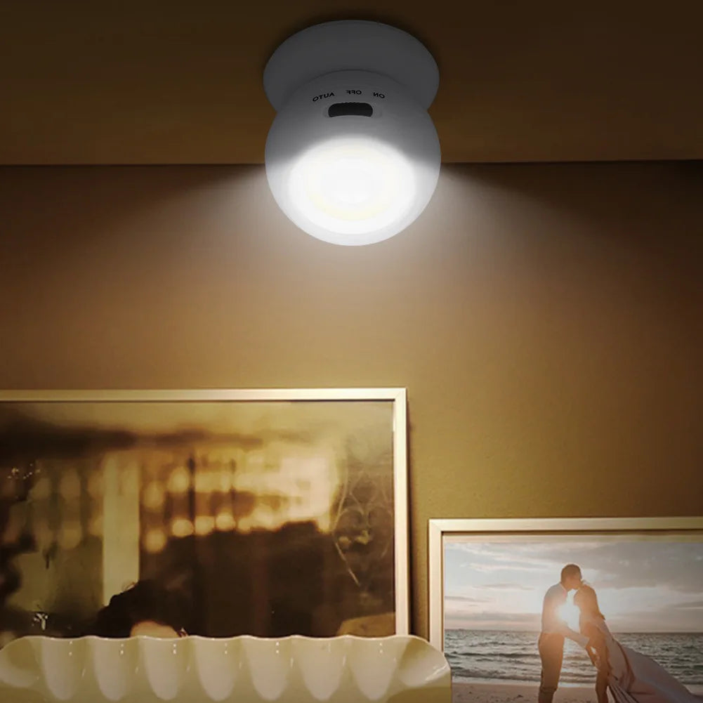 360° Rotating COB Ball Light PIR Motion Sensor LED Night Light USB/Battery Powered Magnet Wall Lamp for Bedroom Bathroom Kitchen