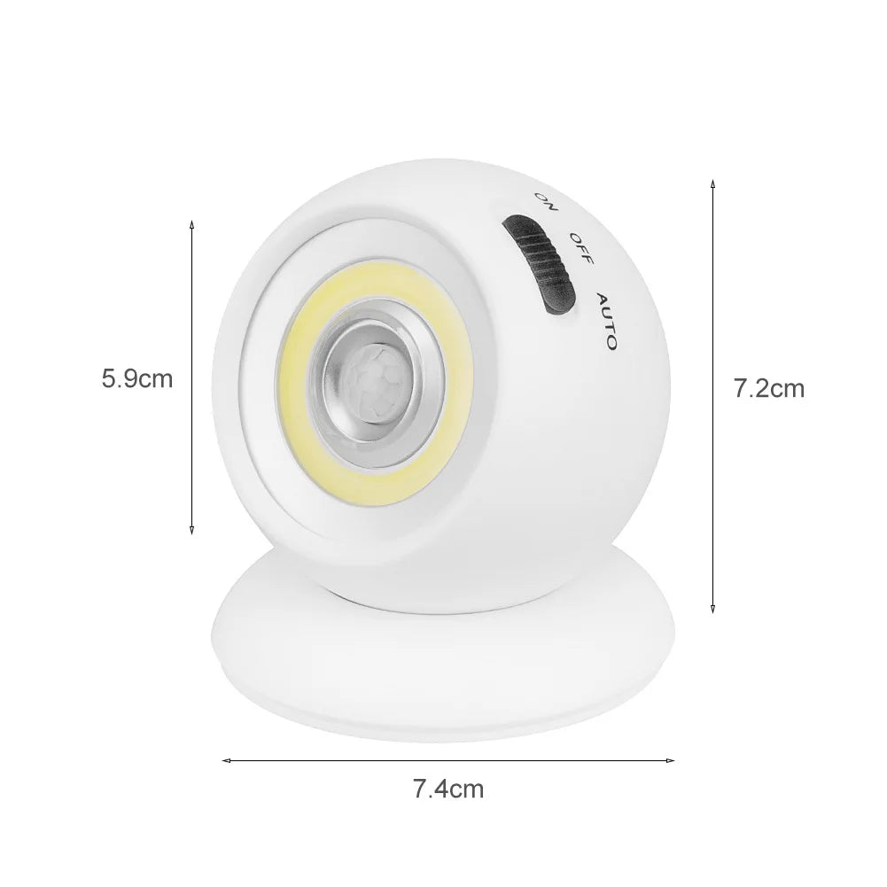 360° Rotating COB Ball Light PIR Motion Sensor LED Night Light USB/Battery Powered Magnet Wall Lamp for Bedroom Bathroom Kitchen