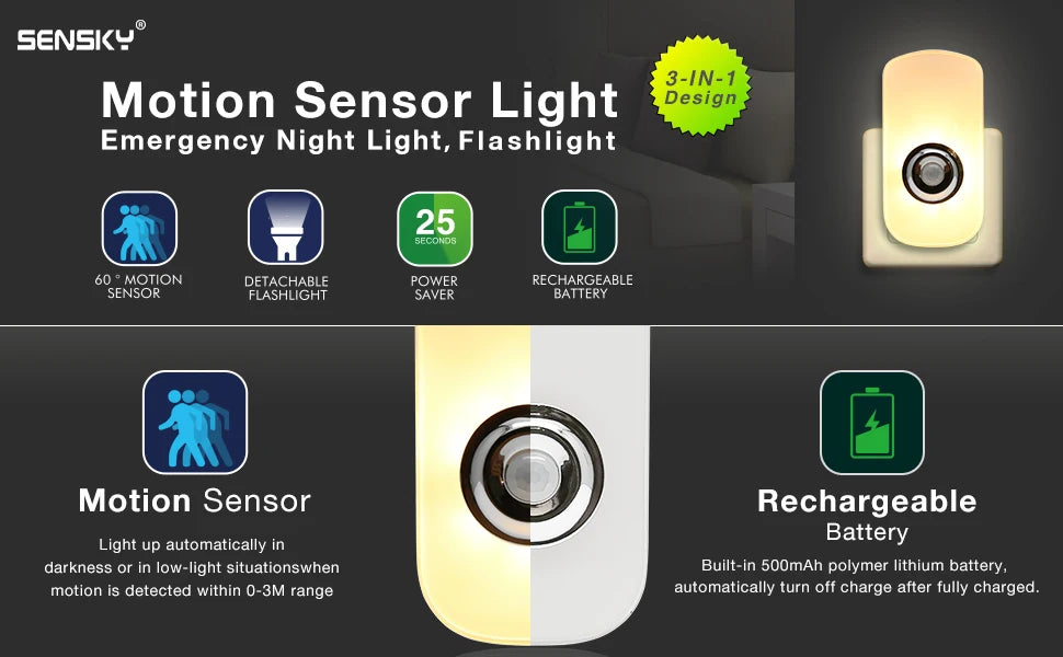 Sensky 3 In 1 EU US PLug in Smart LED Night Light With Motion Sensor Rechargeable Flashlight For Kid Baby Room Emergency