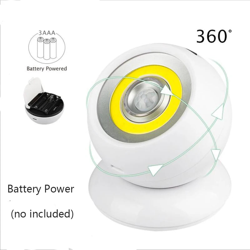 360° Rotating COB Ball Light PIR Motion Sensor LED Night Light USB/Battery Powered Magnet Wall Lamp for Bedroom Bathroom Kitchen