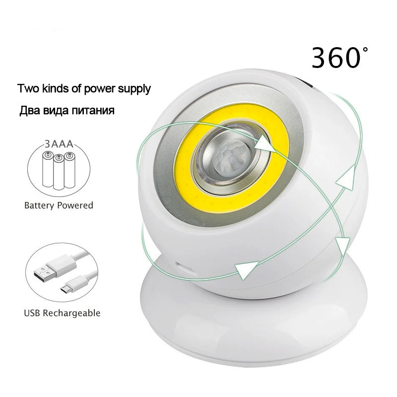 360° Rotating COB Ball Light PIR Motion Sensor LED Night Light USB/Battery Powered Magnet Wall Lamp for Bedroom Bathroom Kitchen