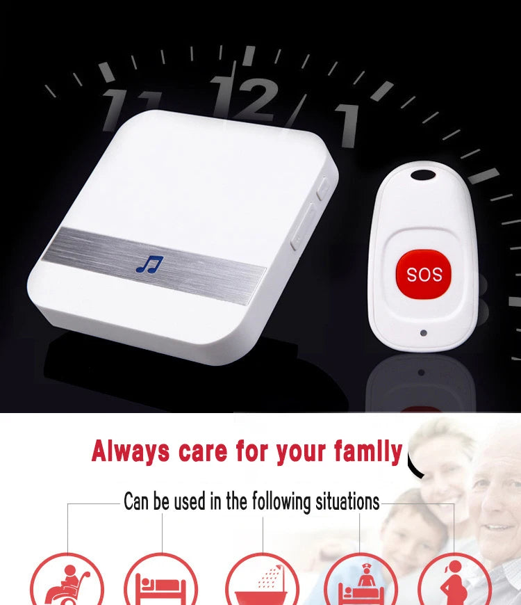 Smart Home Wireless 300M Doorbell Emergency Alarm with Remote Lanyard SOS Button for Elderly People Wireless Pager Doorbell