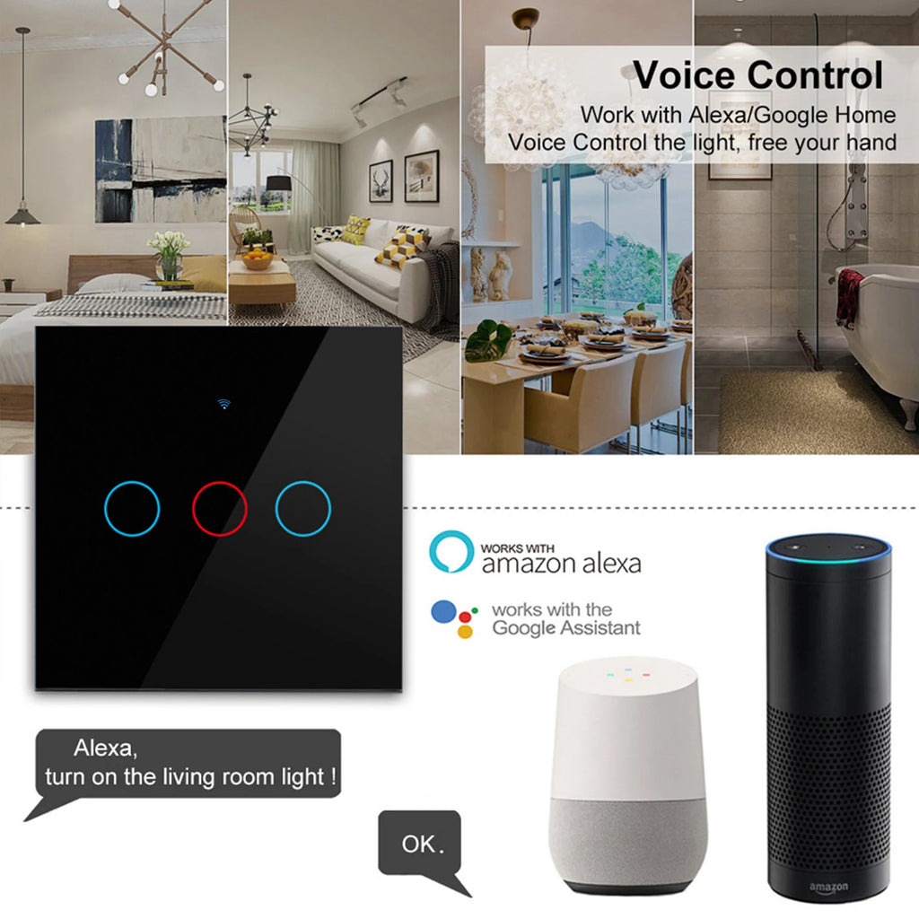 WiFi Smart Light Touch Switch Tuya Smart Life Glass Panel EU Wall Switch No Neutral Wire Smart Home For Alexa Google Home