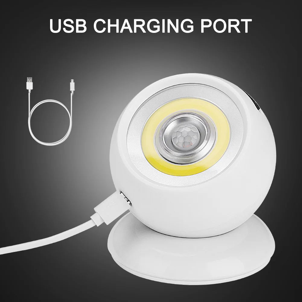 360° Rotating COB Ball Light PIR Motion Sensor LED Night Light USB/Battery Powered Magnet Wall Lamp for Bedroom Bathroom Kitchen