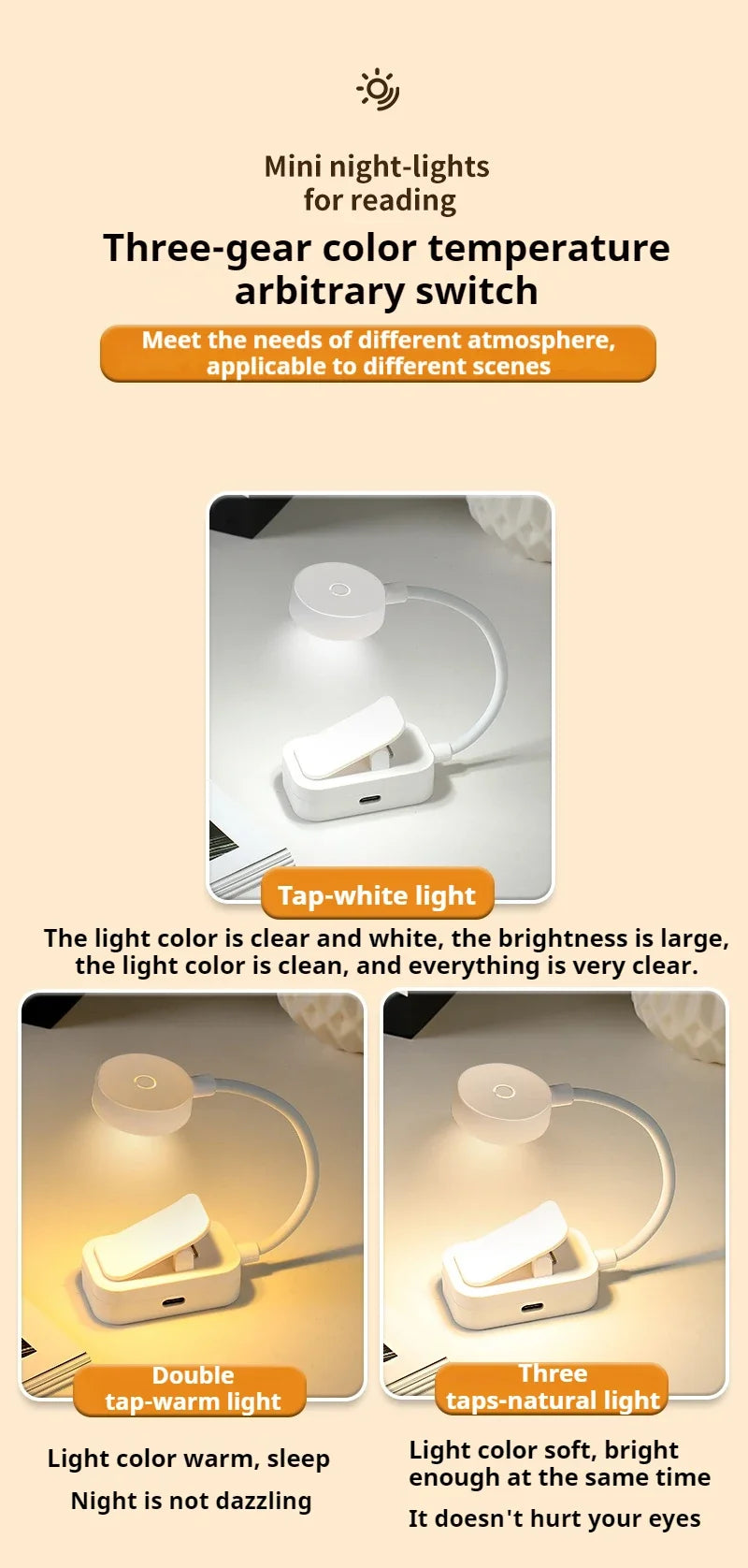 Mini LED Reading Book Light Table Lamp 3 Modes Adjustable Eye Protection Clip-On Study Reading Lamp for Travel Bedroom Book