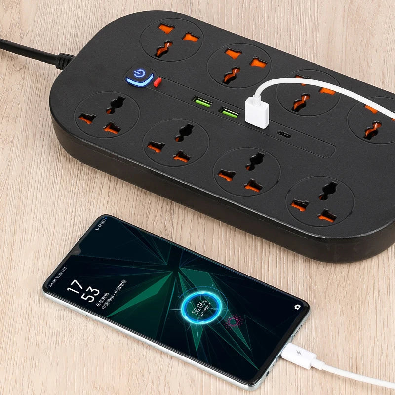Power Strip Surge Protector Electrical Sockets with 3 USB 1 Type-C Ports 2m Extension Cord 8 Universal Outlets EU,UK,US Plug