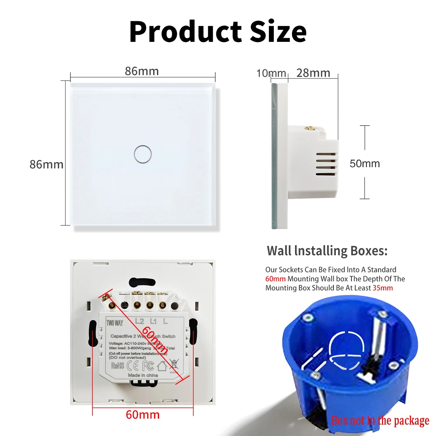 1/2gang 2way Dual Switch Wall Touch Switch EU Standard Light Switches For Staircase Bedside Switches Bedroom 240V No Wifi