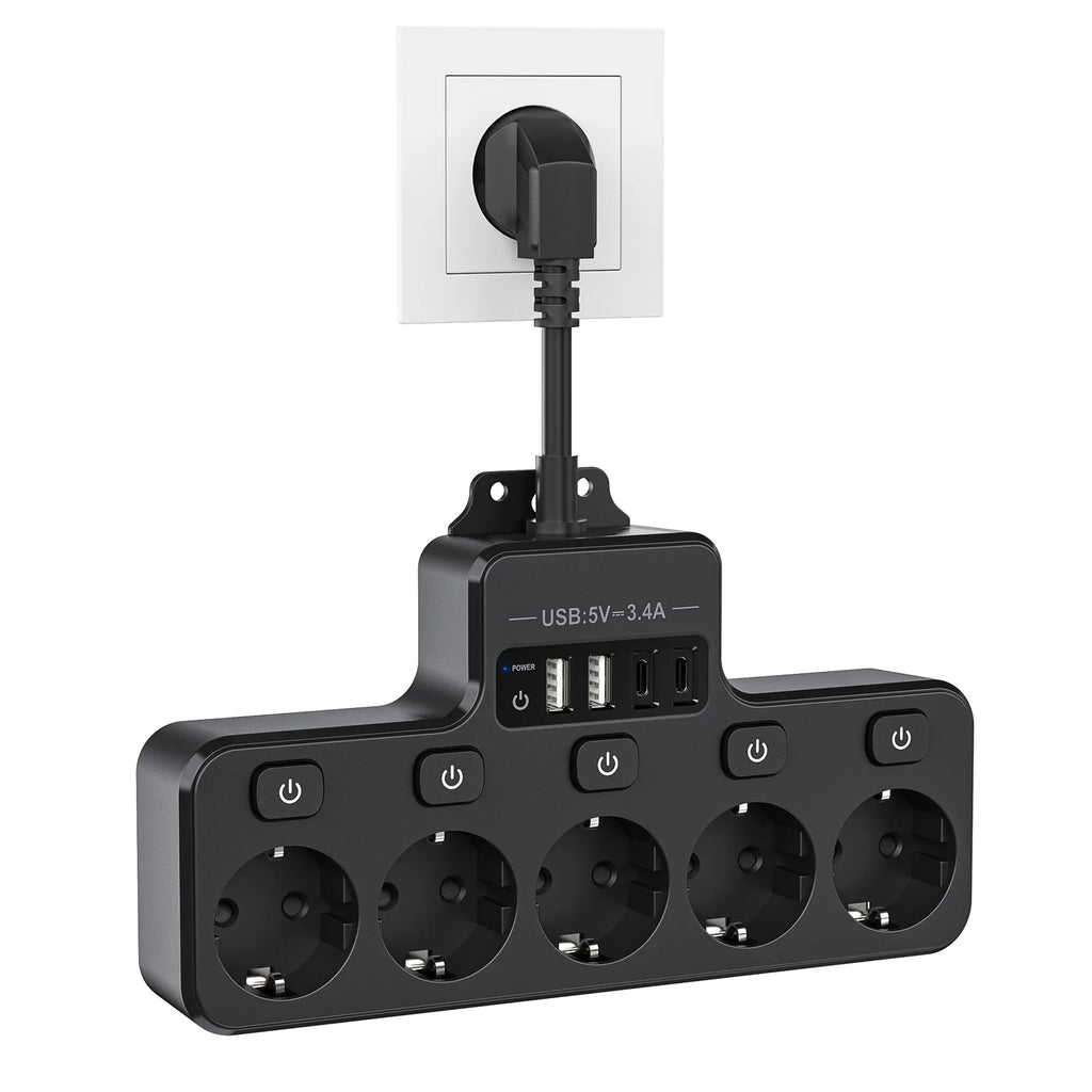4000W 16A EU Multi-Contact Plug Power Plate Multi-Function Socket with 4 USB Fast Charging Ports 5 AC Power Jacks