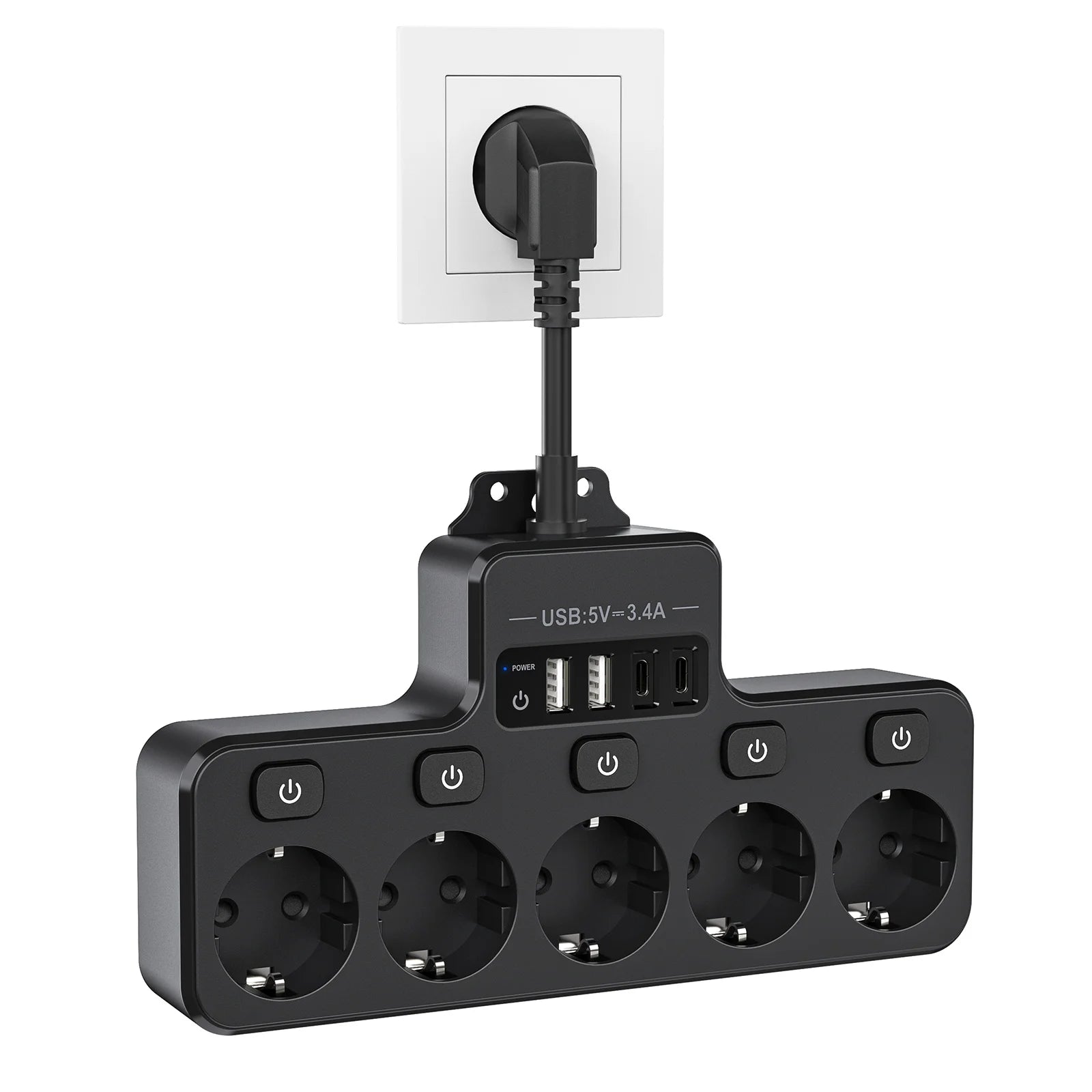 4000W 16A EU Multi-Contact Plug Power Plate Multi-Function Socket with 4 USB Fast Charging Ports 5 AC Power Jacks