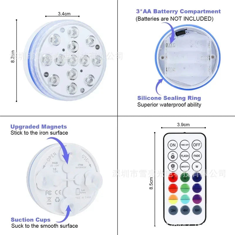 Updated IP68 RGB Submersible 13LED Underwater Light with Remote Control Underwater Pool Light Bright Lamp for Pond/Pool/Aquarium