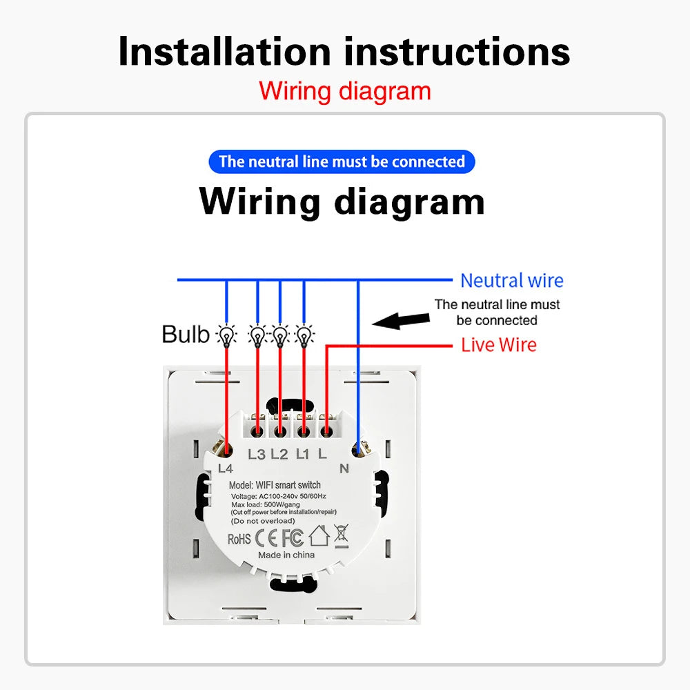 Tuya WiFi Smart Touch Switch 1/2/3/4 Gang 2-Way Control EU Glass Panel Light Switch Neutral Wire Alexa Google Voice Control Time