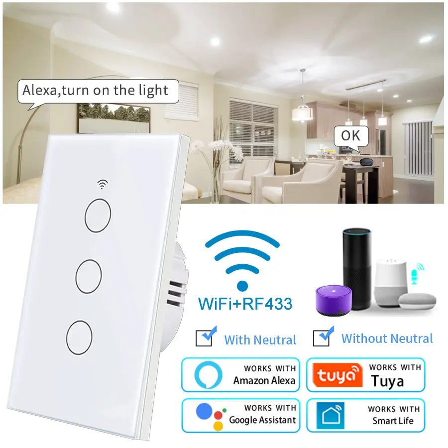 Smart Switches US Neutral Wire/No Neutral Wire Required 1/2/3/4 Gang Light WiFi Touch Switch Works with Tuya Smart Life App