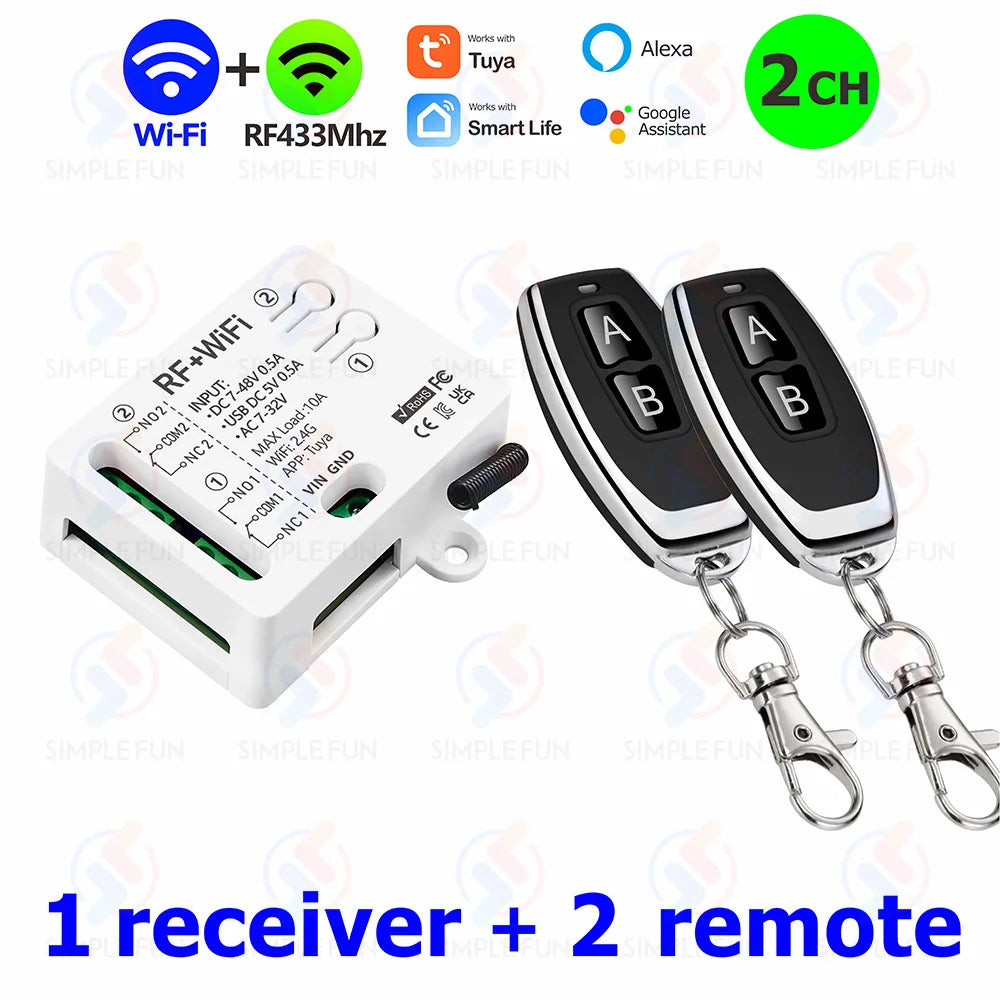 Tuya WiFi RF433mhz Motor Remote Control Switch 2 CH DC 12V 24V DIY Switch/Garage Door Opener/Motor,Work with Alexa Google Home