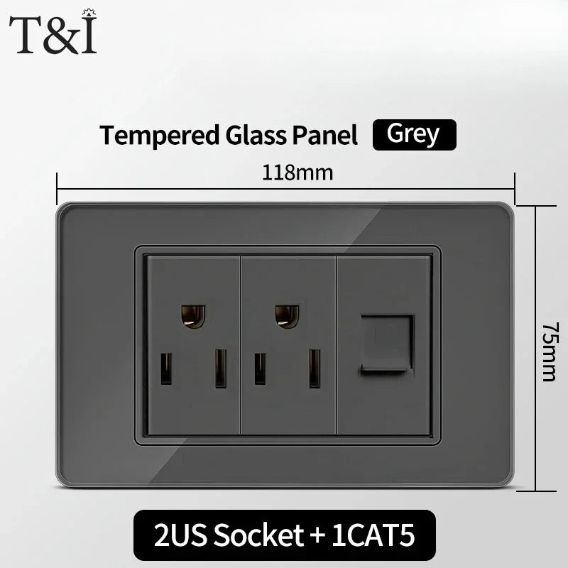 118*75mm Tempered Glass Socket US Wall Socket Grey Thai USB Socket Plug with Dual USB Type-C Ports,Light Switch 110V