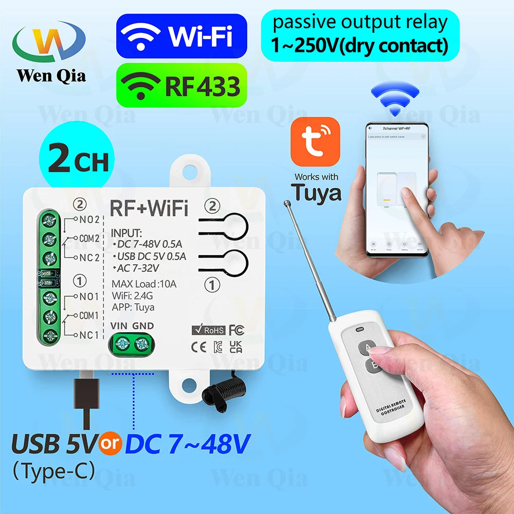 2CH Smart Light Switch Tuya,WiFi & RF Remote Control Module,USB 5V DC 12V 24V 48V,work with Alexa Google Home,for Lamp Fan Motor