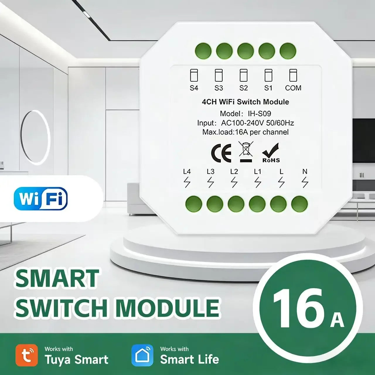 Tuya 16A WiFi Smart Switch Module IH-S09 50.22450.2mm AC100-240V Remote Control Home Automation Switch With Google Assistant