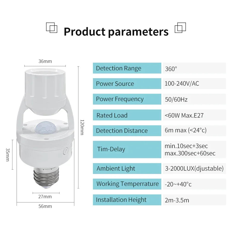 Smart Motion Sensor 220V 110V E27 Bulb Socket Lamp Base Human Body Detector PIR Sensor Home Automation Auto On Off Light Switch