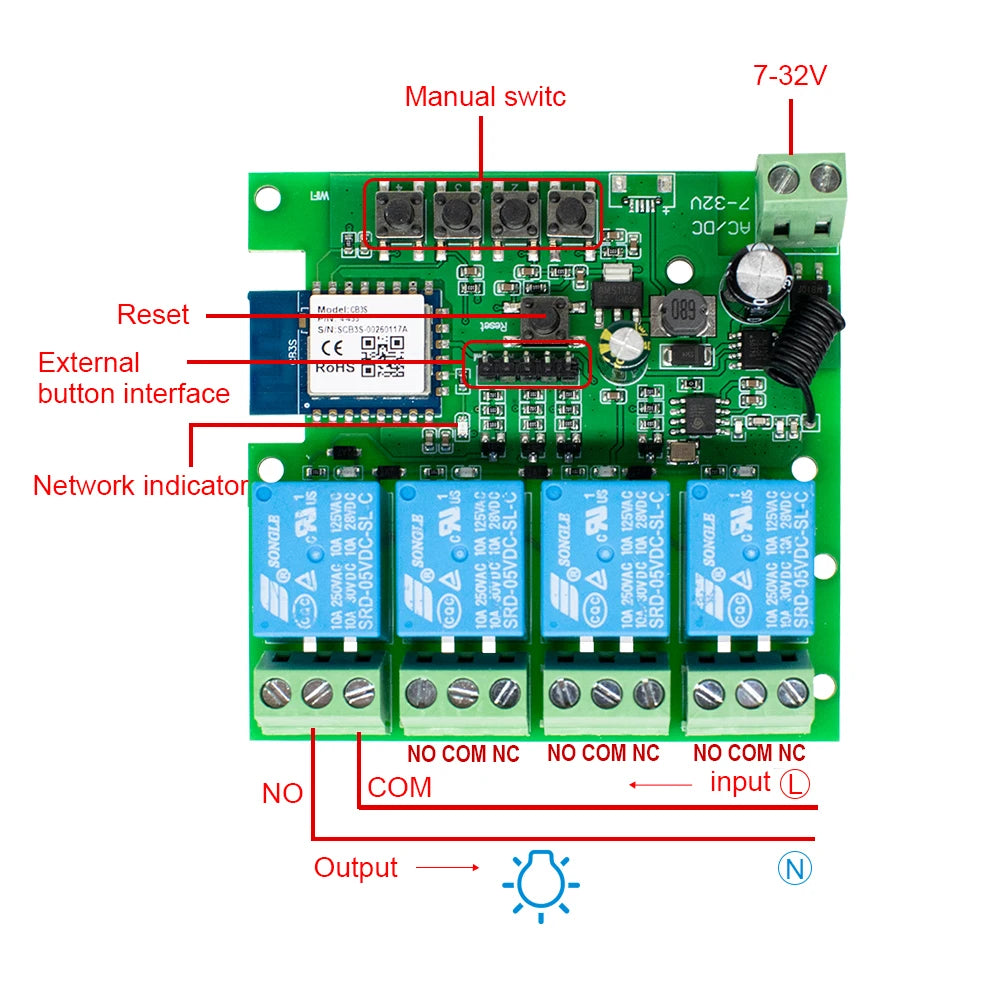4CH Wifi Relay Smart Wireless Switch Module 4 Channel 7-32V 85-250V 220V 110V 2200W RF433 4 Way Receiver Works with Tuya Alexa