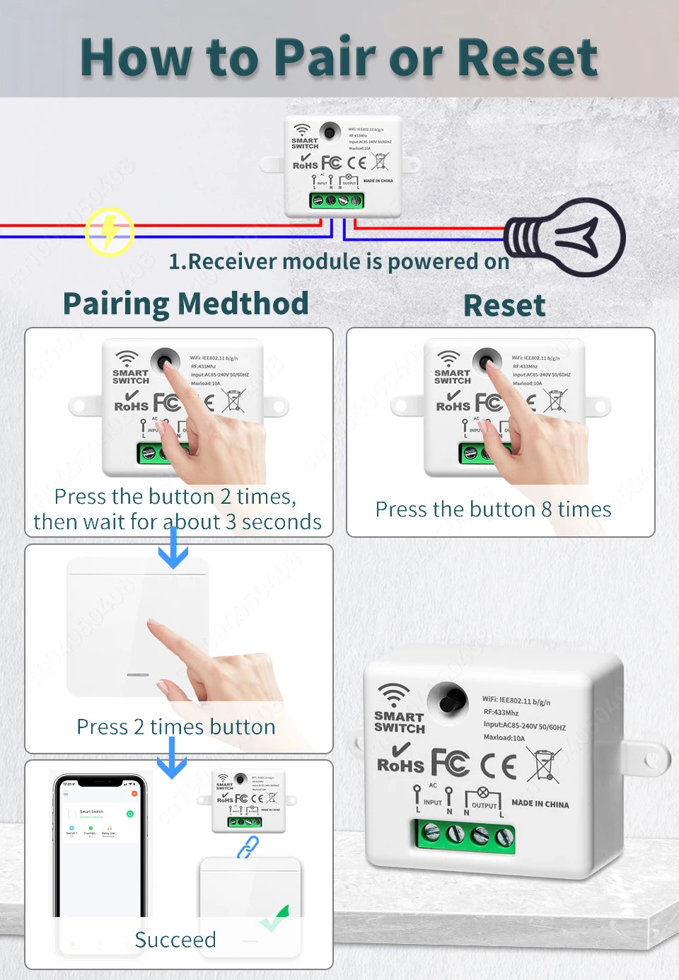Tuya Smart Home Wifi RF433 Mhz Switch 1/2/3gang Button Switch Strong Signal Wiring-free Remote Control  Works with Alexa Google