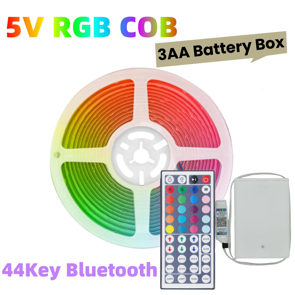 5V AA Battery RGB COB LED Strip Light Smart Bluetooth Dimmable Color Changing Flexible Tape Ribbon TV BackLight 17/24/44Key
