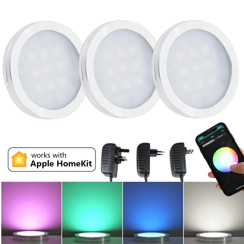 2-9Pcs Homekit WiFi Round RGB LED Under Cabinet Closet Light Furniture Dimmable Wardrobe Lamp 12V Siri Voice Control APP Remote