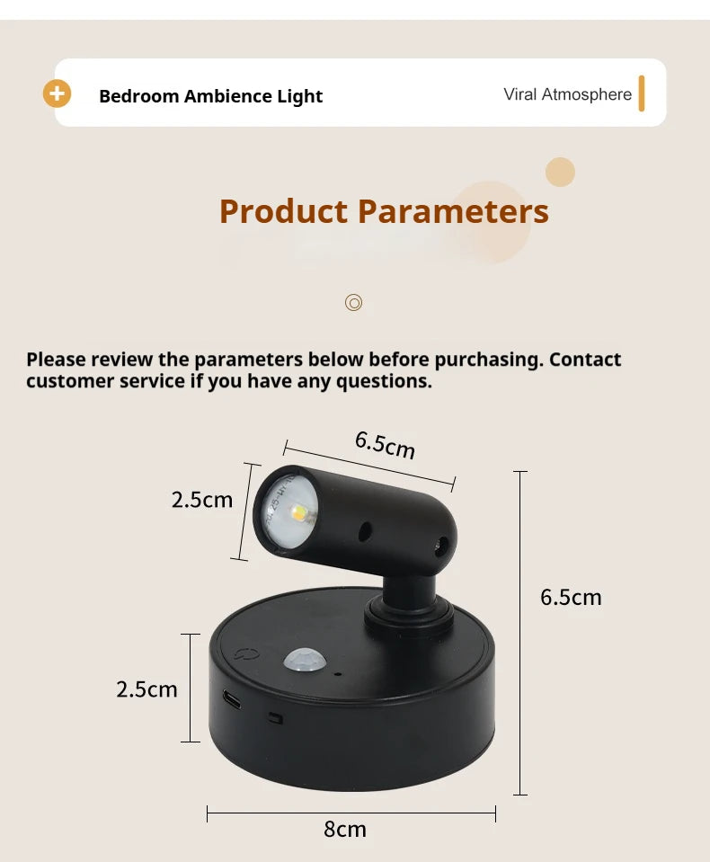 LED Light Magnetic Rechargeable Wall lamp Spotlight Atmosphere Light  No Punch Reading Light Touch Switch Dimmable Bedside Lamp