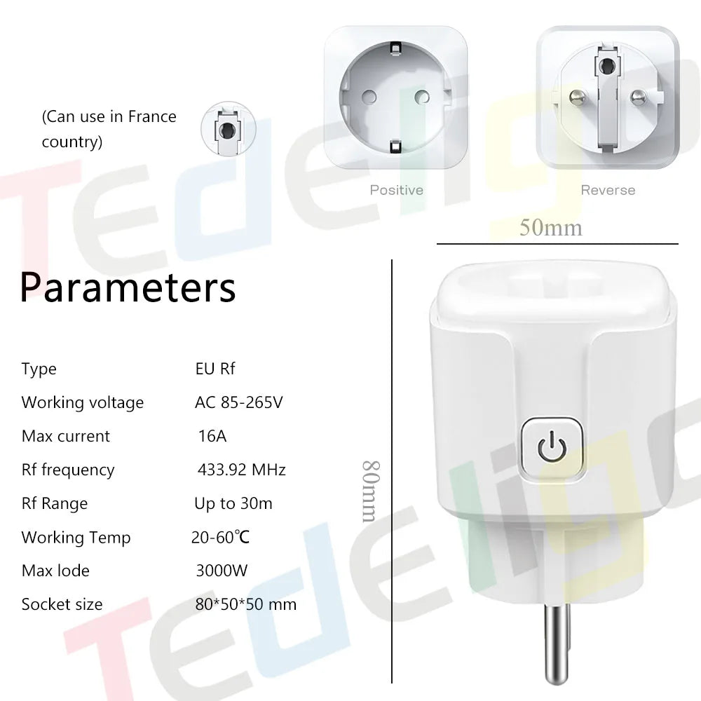 RF 220V 16A Electrical Socket 433MHz Wireless Remote Control Plug 3000W EU FR Standard,for Home LED/Light/Fan/Lamp ON OFF