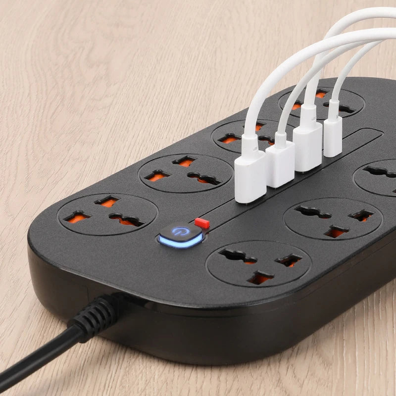 Power Strip Surge Protector Electrical Sockets with 3 USB 1 Type-C Ports 2m Extension Cord 8 Universal Outlets EU,UK,US Plug