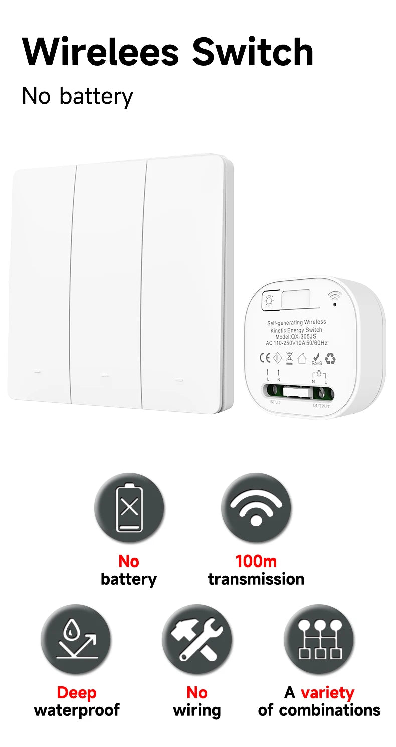 Battery Free RF433 Household Wireless Wall Switch Wiring Free Self Generating Kinetic Energy Panel Waterproof Lighting Switches