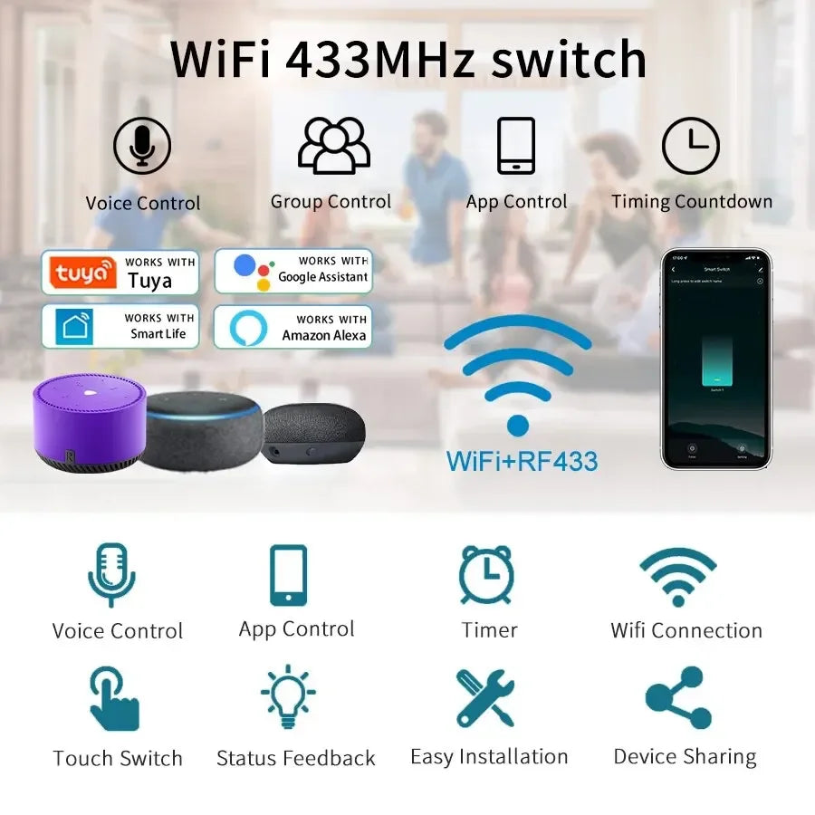 Tuya WiFi Smart Home Light Switch RF433 Neutral Wire/No Neutral Wire Required US Wall Touch Switches Support Alexa Google Home