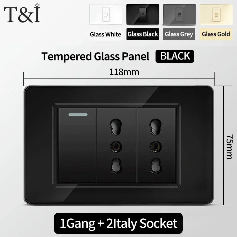 118 Series Black Tempered Glass Wall Switch Socket Italy Standard 16A Outlet with USB Type-C 20W Fast Charging for Home Office