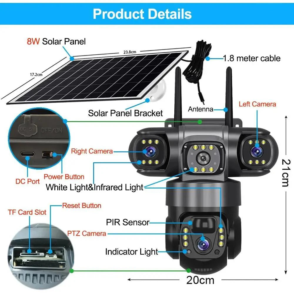 15MP IP Wifi Camera Wireless Solar Camera PTZ 3 Lens Outdoor Waterproof 10X Zoom Night Vision PIR Human Detect Security Camera