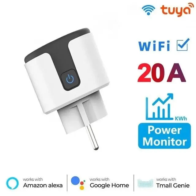 Works with Tuya Smart Life App Wifi Plug 20A Smart Socket EU Power Monitor Remote Control Outlet Works with Alexa Google Home