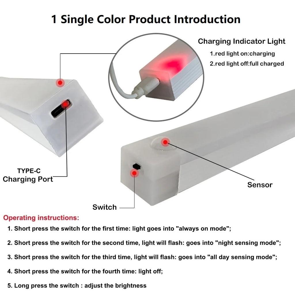 Rechargeable Motion Sensor LED Bar Light Induction Night Light Portable Cordless Magnetic Cabinet Lamp for Kitchen Bedside