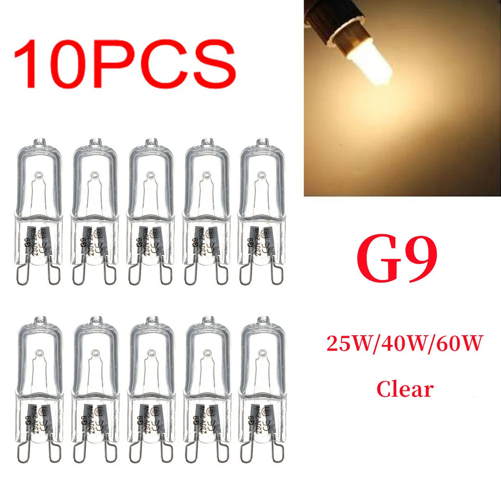 10pcs G9 AC 200-240V 25W 40W 60W Portable Warm Light Halogen Bulb Light Lamp 2700K Globe Capsule Clear Bulbs	2 Pin Base