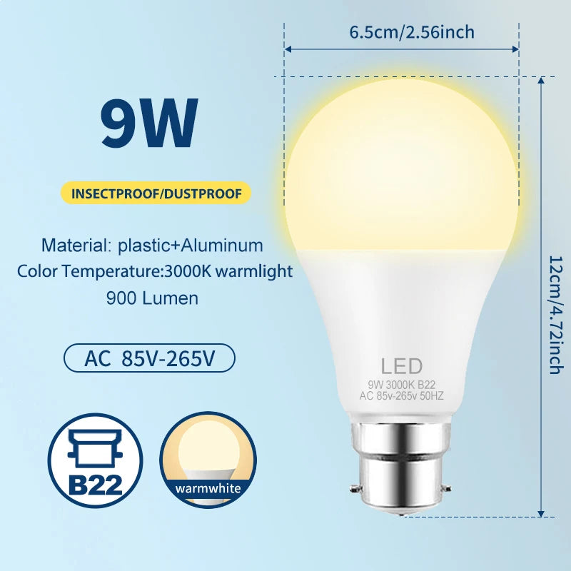 B22 9W 12W LED Bulb Energy Saving AC85-265V LED Lamp Bulb for Living Room Home Kitchen Garage Indoor