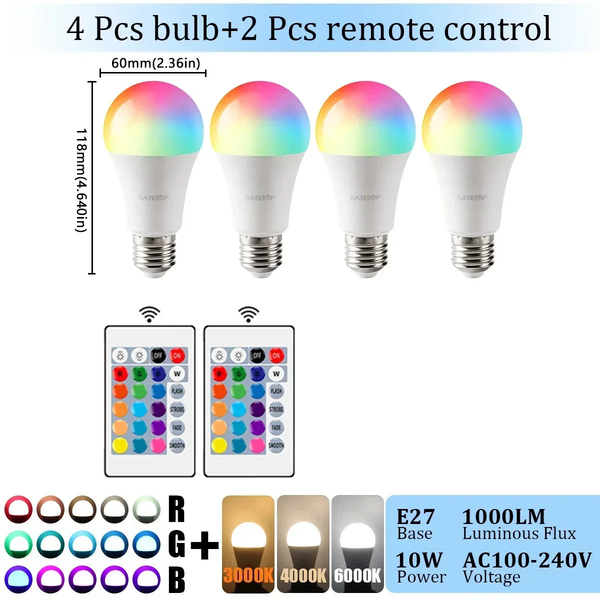 E27 Base RGB LED Bulb 24 Key Remote Control Dimmable 10W AC220V 110V Colorful Change For Bedroom Living Room Desk Lamp