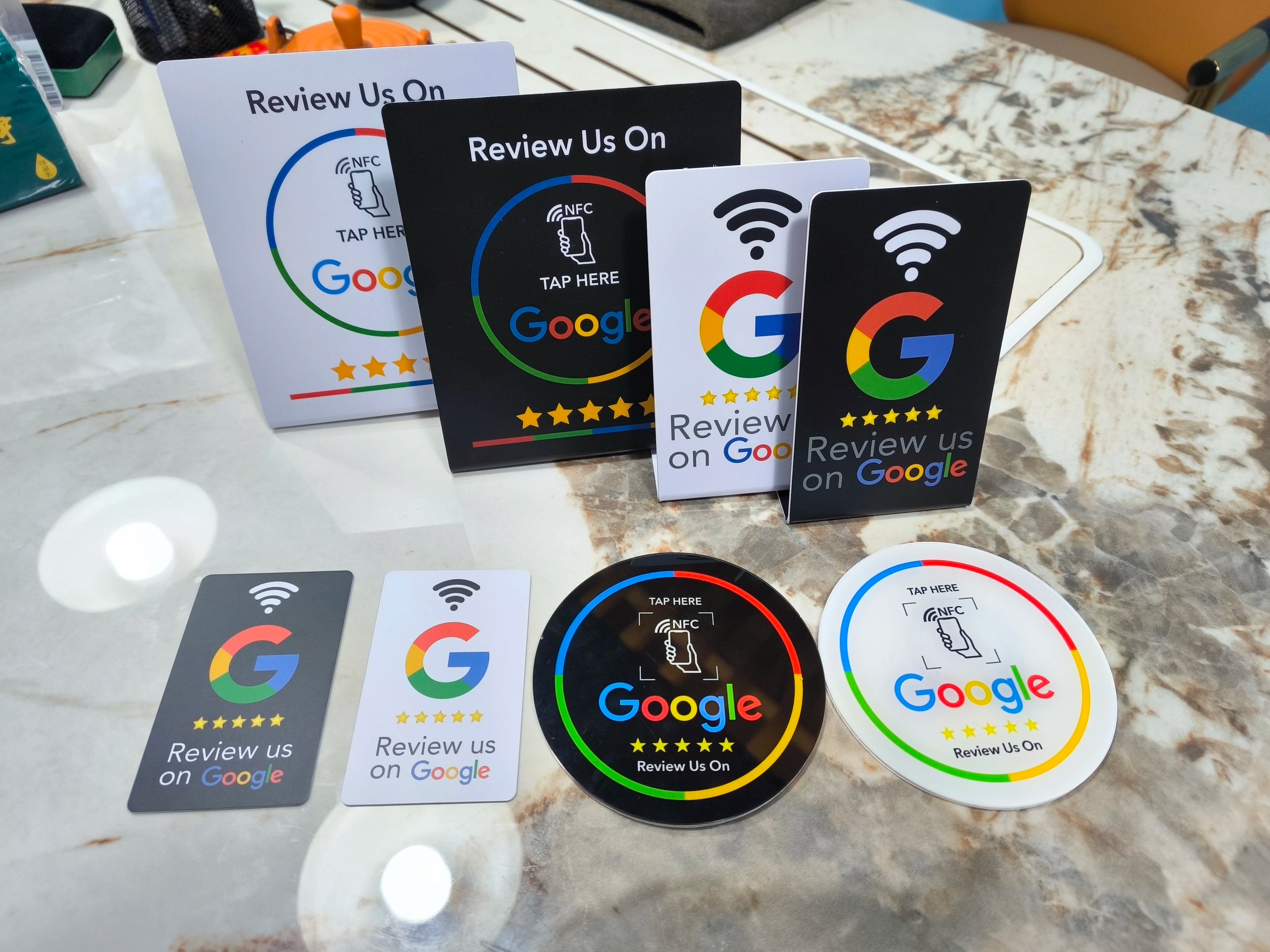 13.56Mhz programmable Google Review Card NFC station table NFC Google Reviews display bending card standing brand bracket