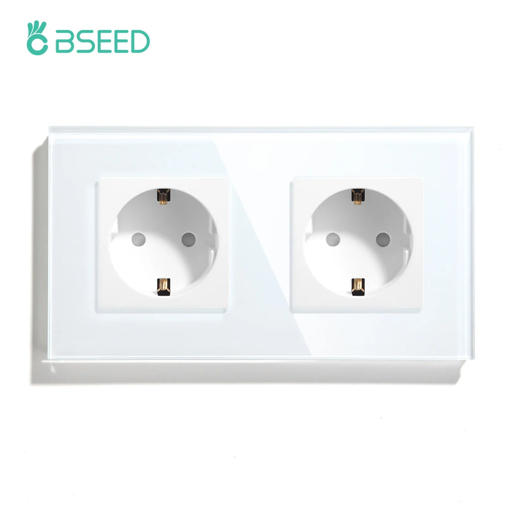BSEED EU Standard Single Wall Socket Double Power Plugs With White Black Crystal Glass Panel Triple Outlets 16A 110V-250V