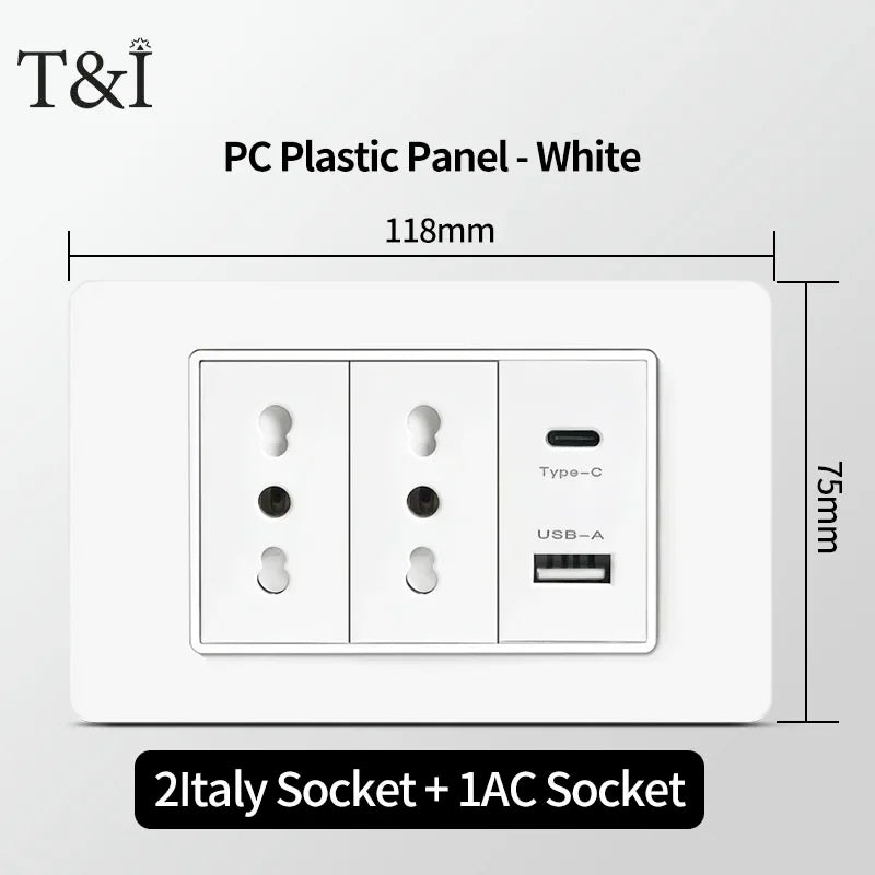 118 PC Plastic Panel Socket USB Type-C 20W Fast Charging Italy Chile Smart Wall Outlet Plug White Light Switch Home Office