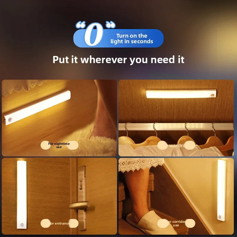 USB Rechargeable LED Motion Sensor Light Strip Magnetic No Drill Installation Under Cabinet Lighting for Closet Kitchen